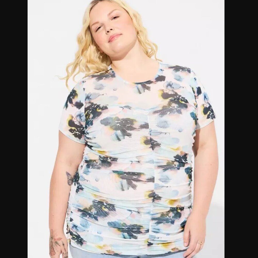 Blue FLoral Stretch Mesh Crew Neck Ruched Top